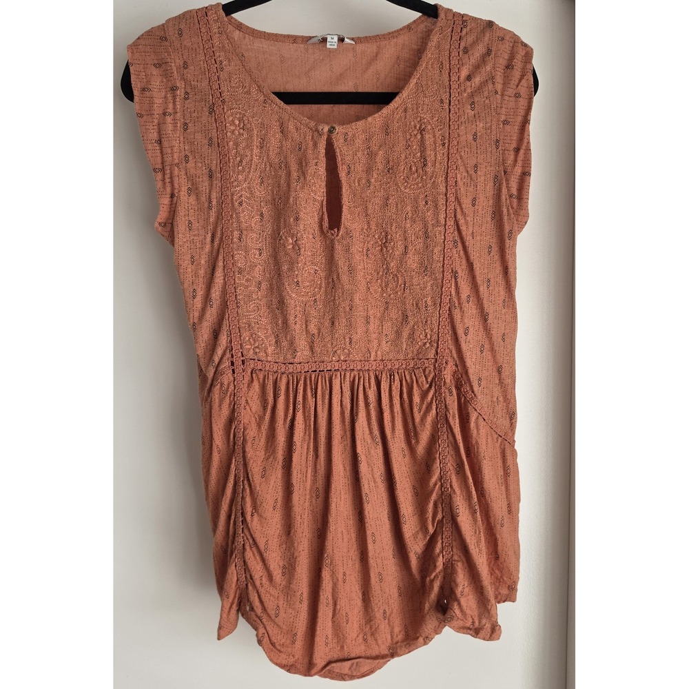 Lucky Brand Boho Linen Blouse Women M Rust Coral Short Sleeve Top Shirt Tunic